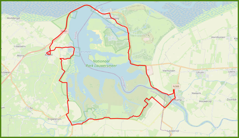 kaart fietsroute van Zoutkamp naar Zoutkamp langs het Lauwersmeer in Groningen en Friesland, Nederland