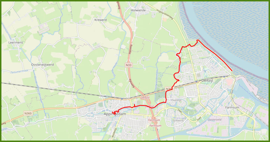 kaart wandelroute van Delfzijl naar Appingedam in Groningen, Nederland