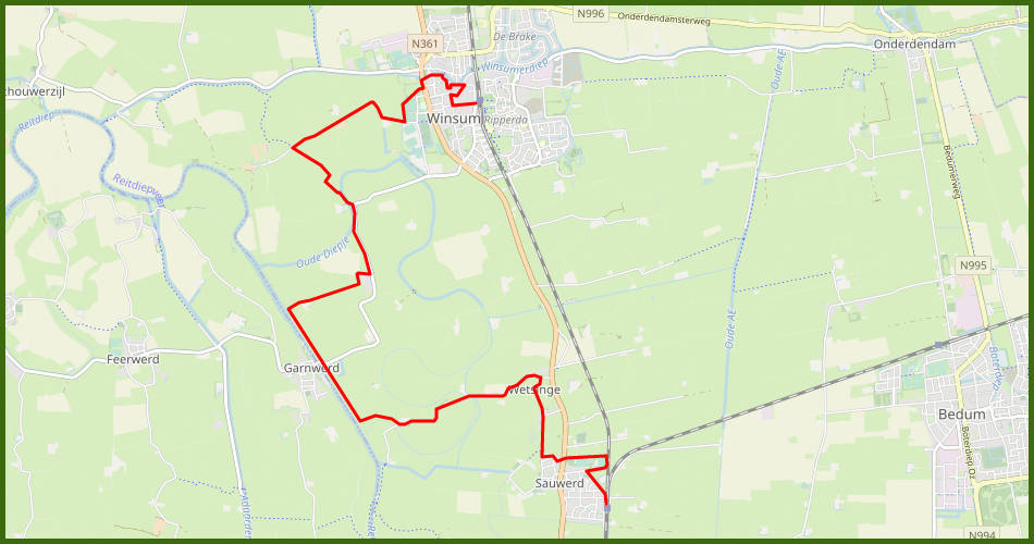 kaart wandelroute van Sauwerd naar Winsum in Groningen, Nederland